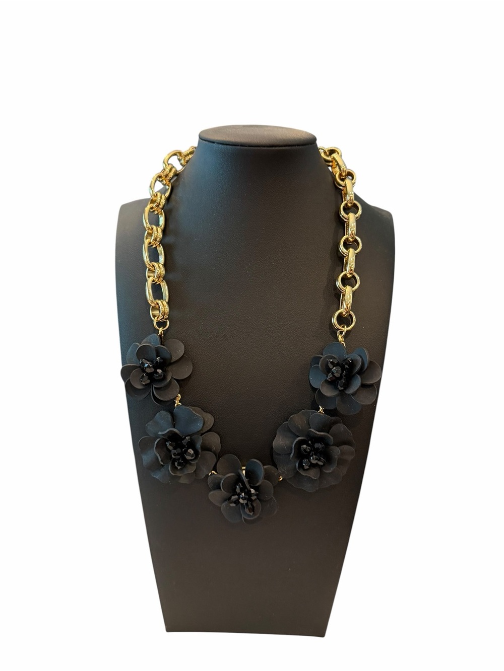 Vintage Talbot's Statement Necklace Black Flower Gold Tone Link Fancy Formal 17”